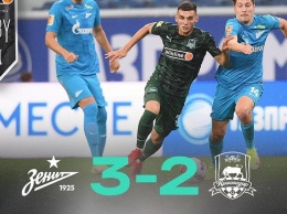 В матче Winline Derby «Зенит» в упорной борьбе обыграл «Краснодар» со счетом 3:2