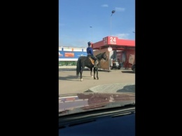 Очевидец запечатлел "гусара" на коне перед автомойкой