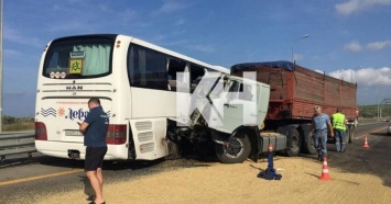 Фура-зерновоз протаранила пассажирский автобус на трассе в Темрюкском районе